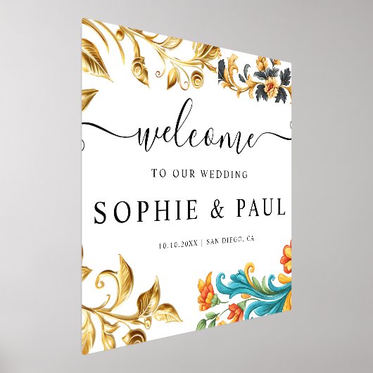 エレガントなバロックゴールドとターコイズのウェディング ウェルカムサイン 箔ポスター (レイダウン)