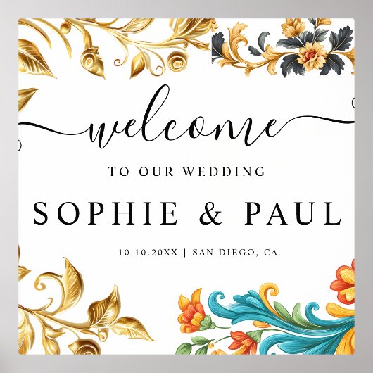 エレガントなバロックゴールドとターコイズのウェディング ウェルカムサイン 箔ポスター (正面)