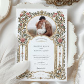 エレガントなバロックゴールドの花柄フォトウェディング 招待状