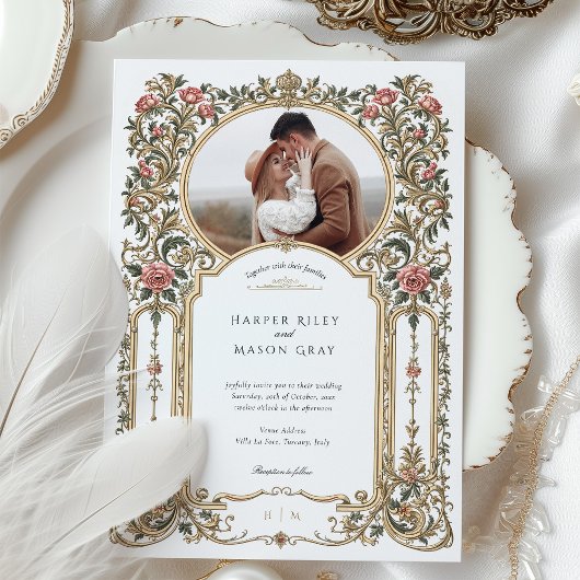 エレガントなバロックゴールドの花柄フォトウェディング 招待状
