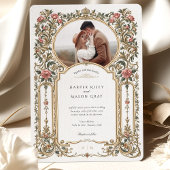 エレガントなバロックゴールドの花柄フォトウェディング 招待状