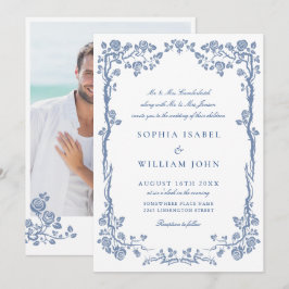 エレガントなバロックブルーのフランス庭園 フラワーウェディング 招待状