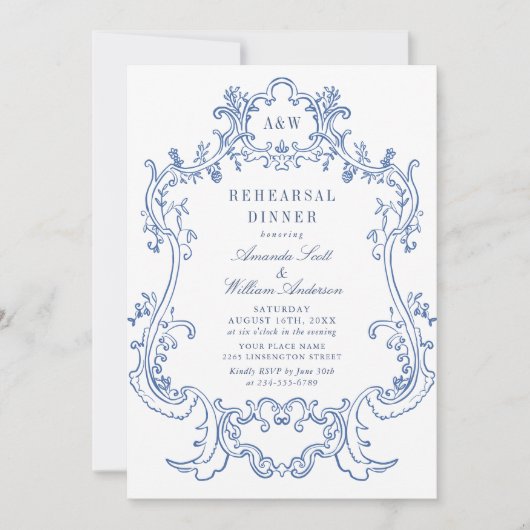 エレガントなバロック様式のダスティーブルーのフレームを使ったリハーサルディナー 招待状 (正面)