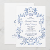 エレガントなバロック様式のダスティーブルーの豪華なフレームのウェディング 招待状 (正面/裏面)