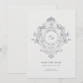 エレガントなバロック紋章 ブラックスタイル セーブ・ザ・デート 招待状 (正面/裏面)