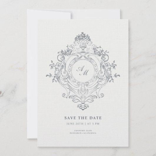 エレガントなバロック紋章 ブラックスタイル セーブ・ザ・デート 招待状 (正面)