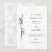 エレガントなバロック ブラック＆ホワイト フラワーフォーマルウェディング 招待状 (正面/裏面)