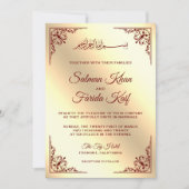 エレガントなバーガンディとゴールドのイスラム教式結婚式 招待状 (正面)