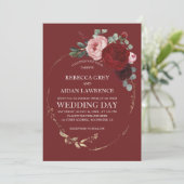 エレガントなバーガンディとゴールドの花の写真オーバーレイ 招待状 (スタンド正面)