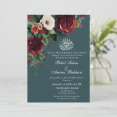 エレガントなバーガンディと白のバラの花をあしらったイスラム教式のウェディング 招待状 (スタンド正面)