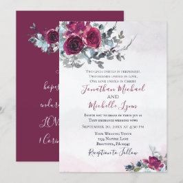 エレガントなバーガンディと白のローズのクリスチャンウェディング 招待状