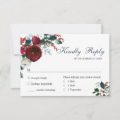 エレガントなバーガンディのウィンター ローズとグリーンのウェディング 出欠カード (正面)