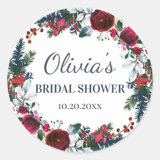 エレガントなバーガンディのウィンター ローズ フラワー ブライダル シャワー ラウンドシール (正面)