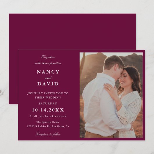 エレガントなバーガンディの写真ウェディング 招待状 (正面/裏面)