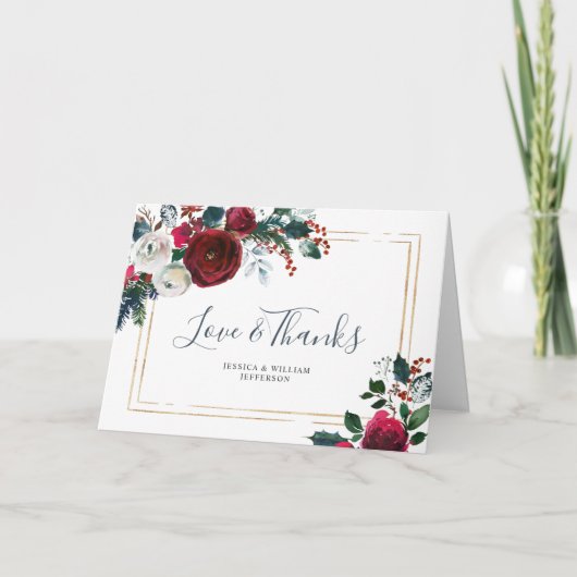 エレガントなバーガンディの冬のバラとグリーン サンキューカード (正面)