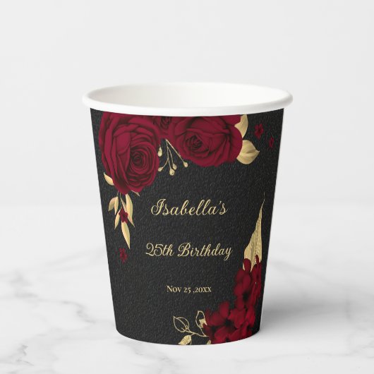 エレガントなバーガンディの花とゴールドとブラック 紙コップ (裏面)