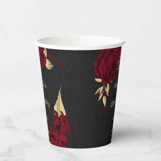 エレガントなバーガンディの花とゴールドとブラック 紙コップ (左)