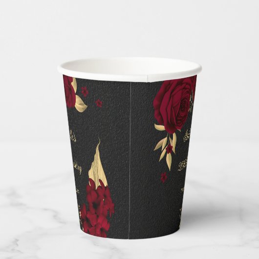 エレガントなバーガンディの花とゴールドとブラック 紙コップ (右)