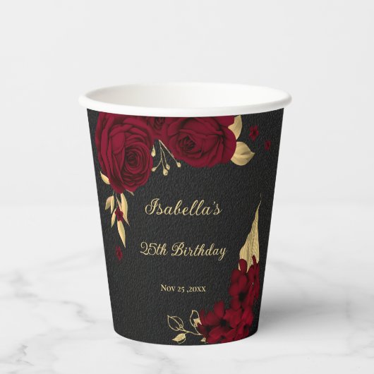 エレガントなバーガンディの花とゴールドとブラック 紙コップ (正面)