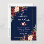 エレガントなバーガンディの花柄の保存日付の金ゴールドの青 案内ポストカード (正面/裏面)