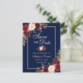 エレガントなバーガンディの花柄の保存日付の金ゴールドの青 案内ポストカード (スタンド正面)