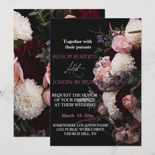 エレガントなバーガンディの花模様 ウェディング招待状 招待状 (正面/裏面)