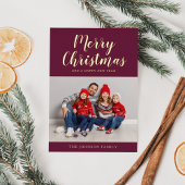 エレガントなバーガンディゴールドのスクリプトクリスマス写真 箔シーズンカード