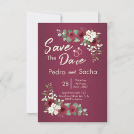 エレガントなバーガンディゴールドのフラワーセーブザデートカード セーブザデート