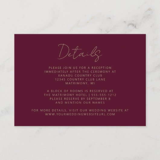 エレガントなバーガンディゴールドの手書き結婚式 エンクロージャーカード (正面)