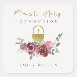 エレガントなバーガンディゴールドの花モチーフ ファーストホーリーコミュニオン スクエアシール
