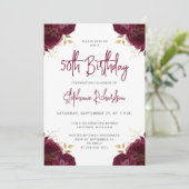 エレガントなバーガンディゴールドの花モチーフ 50歳の誕生日パーティー 招待状 (スタンド正面)