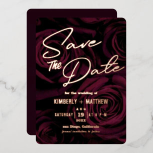 エレガントなバーガンディゴールドのSave the date ウェディング 箔招待状