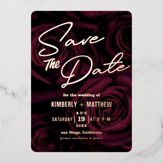 エレガントなバーガンディゴールドのSave the date ウェディング 箔招待状 (正面)