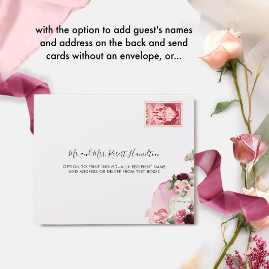 エレガントなバーガンディピンクのブッシュ フラワー ウェディング スペイン オールインワン招待状