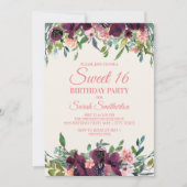 エレガントなバーガンディピンクの水彩花のスイート16 招待状 (正面)