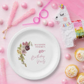 エレガントなバーガンディピンクの花 40歳の誕生日 ペーパープレート (パーティー)