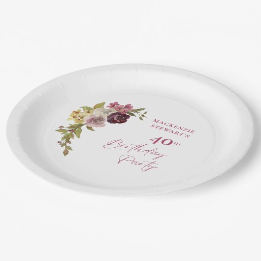 エレガントなバーガンディピンクの花 40歳の誕生日 ペーパープレート (アングル)
