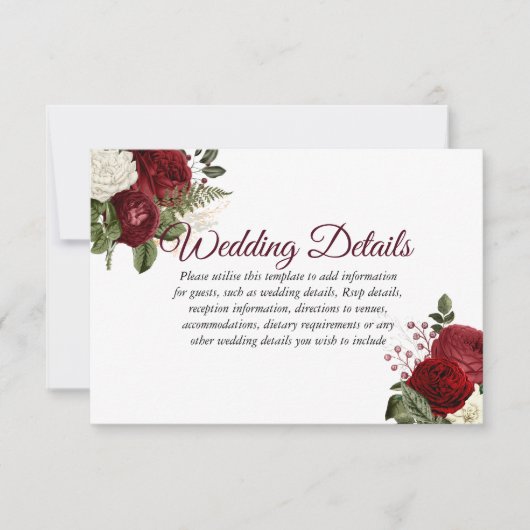 エレガントなバーガンディレッドとホワイトの花モチーフのウェディング詳細 招待状 (正面)