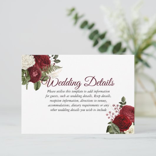 エレガントなバーガンディレッドとホワイトの花モチーフのウェディング詳細 招待状 (スタンド正面)