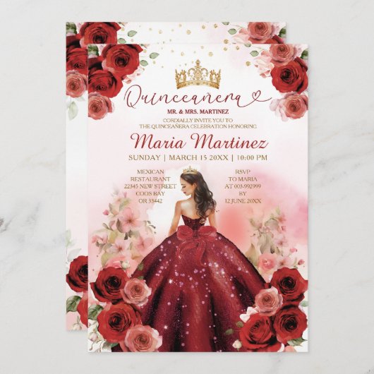 エレガントなバーガンディレッドのプリンセスフラワー キンセアニエラ 招待状 (正面/裏面)