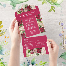 エレガントなバーガンディレッドのルースドローズカントリーウェディング オールインワン招待状