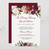 エレガントなバーガンディレッドの花モチーフの追悼式 招待状 (正面/裏面)