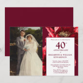 エレガントなバーガンディレッドの花モチーフ 40周年記念写真 招待状 (正面/裏面)