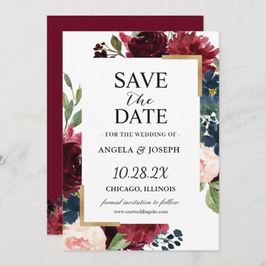 エレガントなバーガンディレッド ブラッシュ ブルー フローラル ウェディング セーブザデート (正面/裏面)