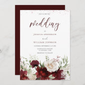 エレガントなバーガンディレッド＆ホワイトフラワー結婚式招待状 招待状 (正面/裏面)