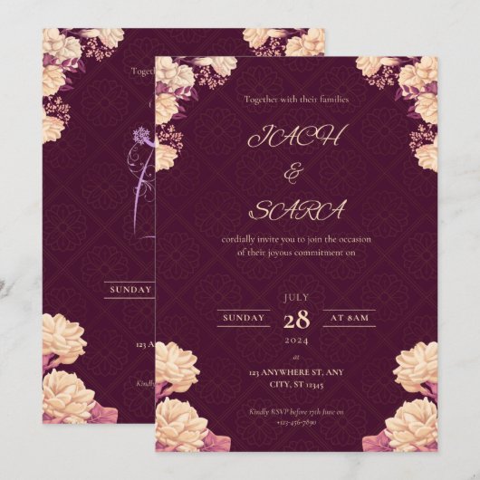 エレガントなバーガンディーとゴールドのフラワーの結婚式の招待状 招待状 (正面/裏面)
