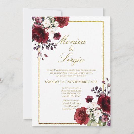 エレガントなバーガンディーの結婚式招待状(スペイン語) 招待状 (正面)