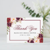 エレガントなバーガンディーフラワーブライダルシャワー サンキューカード (スタンド正面)