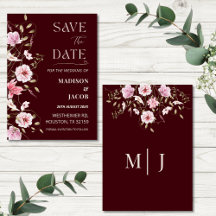 エレガントなバーガンディーフラワー Save the Date カード