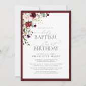 エレガントなバーガンディーブラッシュフラルバプテスマ1歳の誕生日 招待状 (正面)